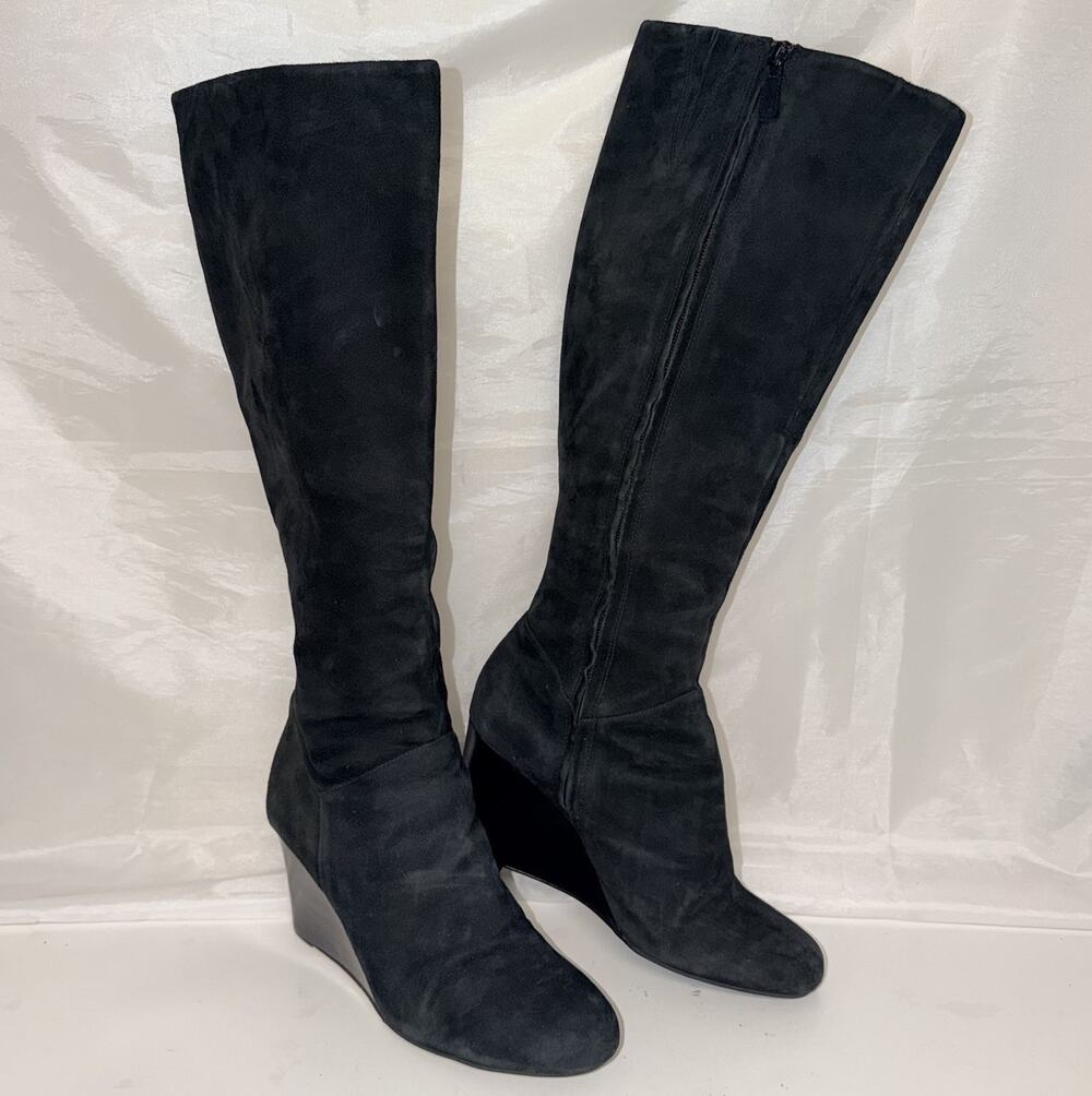 Cole Haan Cora Black Suede Tall Knee High Wedge Boots Women's 9.5 B JB2